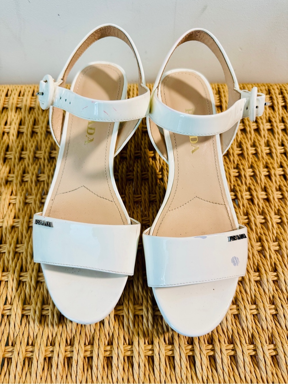 Prada White Patent Leather Open-Toe Ankle Strap Sandals
